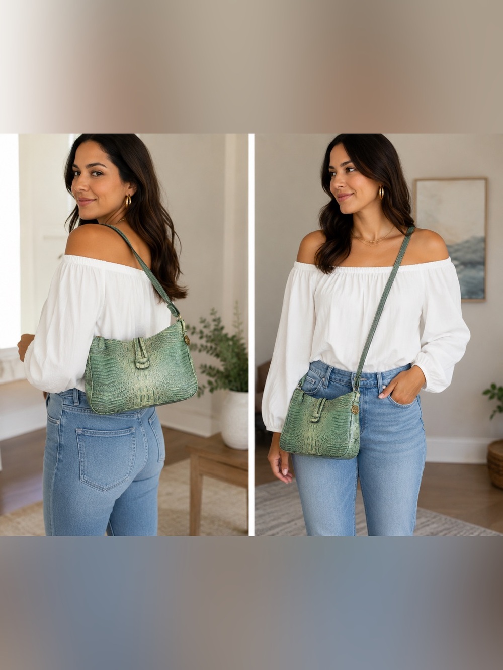 BRAHMIN Green Croc-Embossed Shoulder Bag/ crossbody bag